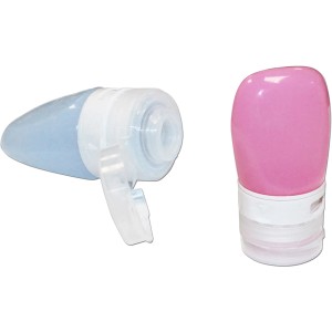 Set di flaconi da viaggio t.b.t. per accessori bagno, blu e rosa.