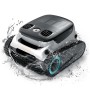 Robot per piscina Aiper, grigio e nero, con cingoli circondato da acqua.