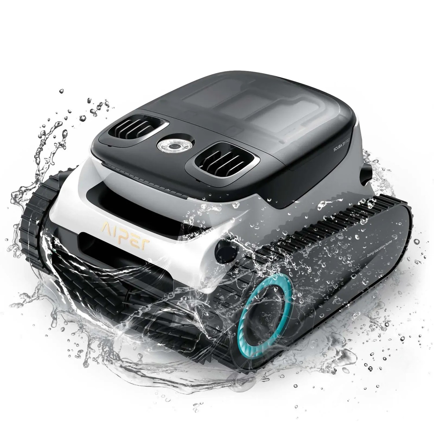 Robot per piscina Aiper, grigio e nero, con cingoli circondato da acqua.