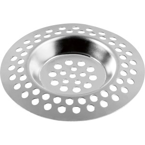 Filtro di scarico rotondo in acciaio inox (75 mm) con fori per raccogliere capelli e detriti.