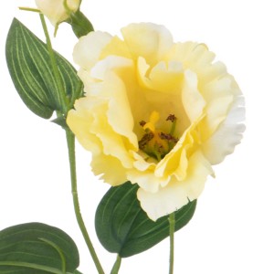Fiore artificiale giallo (t.b.t.) con foglie verdi, ideale come elemento decorativo.