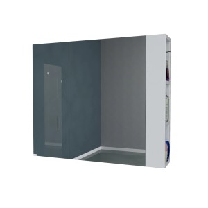 Specchiera t.b.t. con ante blu e ripiani bianchi laterali.