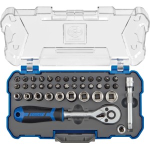 Set di chiavi a bussola LUX-TOOLS 38 pz. in valigetta blu con cricchetto, inserti e bussole in acciaio CrV.