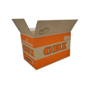 Scatola per trasloco OBI aperta, arancione e bianca, taglia L.