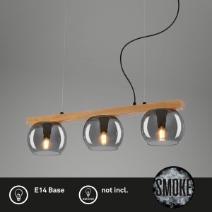 Lampada a sospensione moderna con tre globi in vetro fumé e trave in legno. Elegante lampada a sospensione per spazi abitativi.