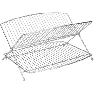 Scolapiatti in metallo argentato per cucina.