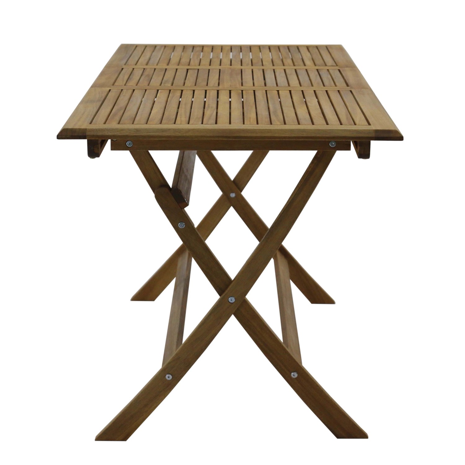 Tavolo da giardino in legno con gambe pieghevoli, ideale per balconi e terrazze.