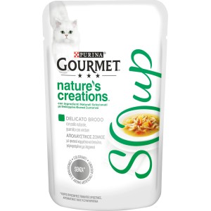 Gourmet Nature's Creations Soup, cibo umido per gatti con pollo e verdure.