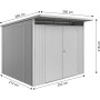 Casetta da giardino in metallo Biohort AvantGarde A6, argento metallizzato, con doppia porta e dimensioni.