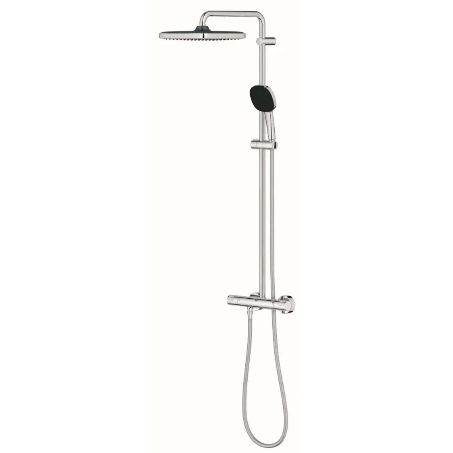 Set soffione doccia cromato con doccia a pioggia e doccetta.