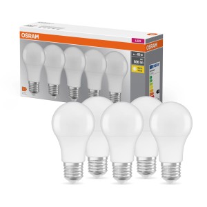 Set 5 lampadine LED Osram E27, forma classica, 8.5 W, luce calda, non dimmerabile.