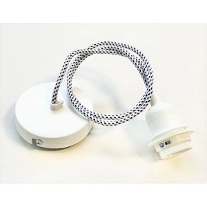 Portalampada bianca con cavo tessile (bianco e nero) per lampade.