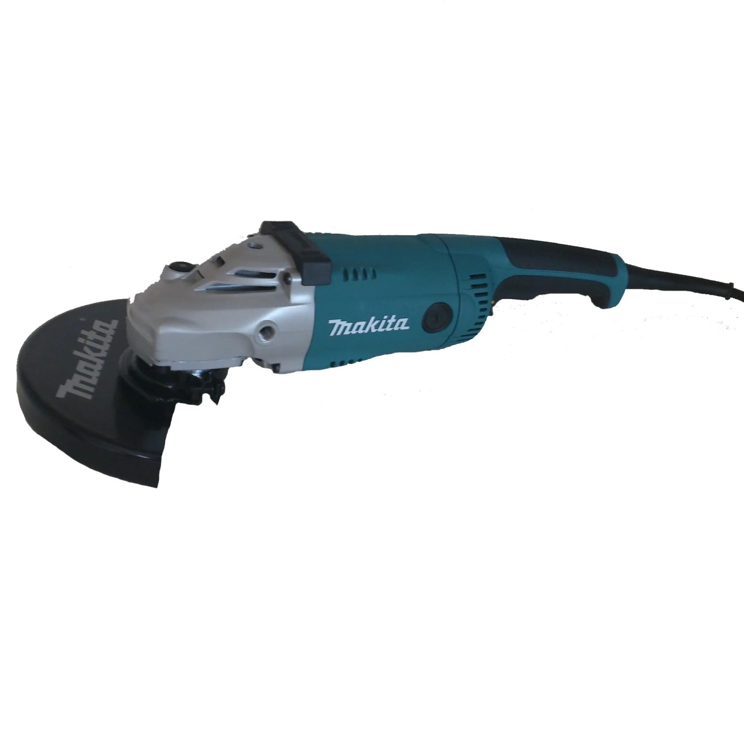 Smerigliatrice angolare Makita, blu/argento, con protezione. Utensile elettrico per smerigliare e tagliare.