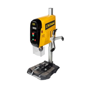 Trapano a colonna giallo per forature precise. Ideale per officina e fai da te.