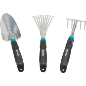 Set attrezzi piccoli Gardena Comfort: paletta, rastrello e scopa per giardinaggio.