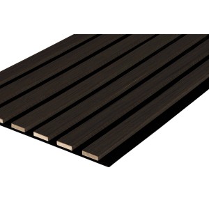Pannello acustico t.b.t. marrone scuro con listelli in legno su feltro nero.