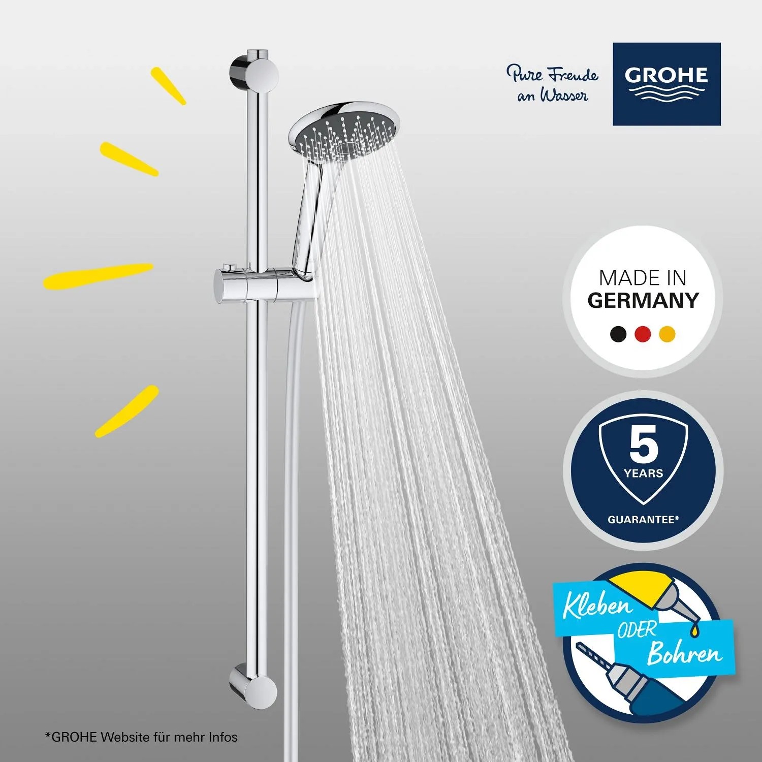 Set asta doccia Grohe QuickFix Vitalio Joy 110 Mono Chrome con doccetta e flessibile.