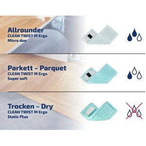 Panoramica dei panni di ricambio Leifheit Clean Twist M Ergo super soft per diversi tipi di pavimento.