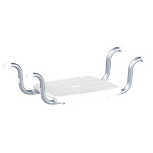 Alzatina per vasca da bagno con seduta bianca e maniglie argentate per una maggiore sicurezza in bagno.