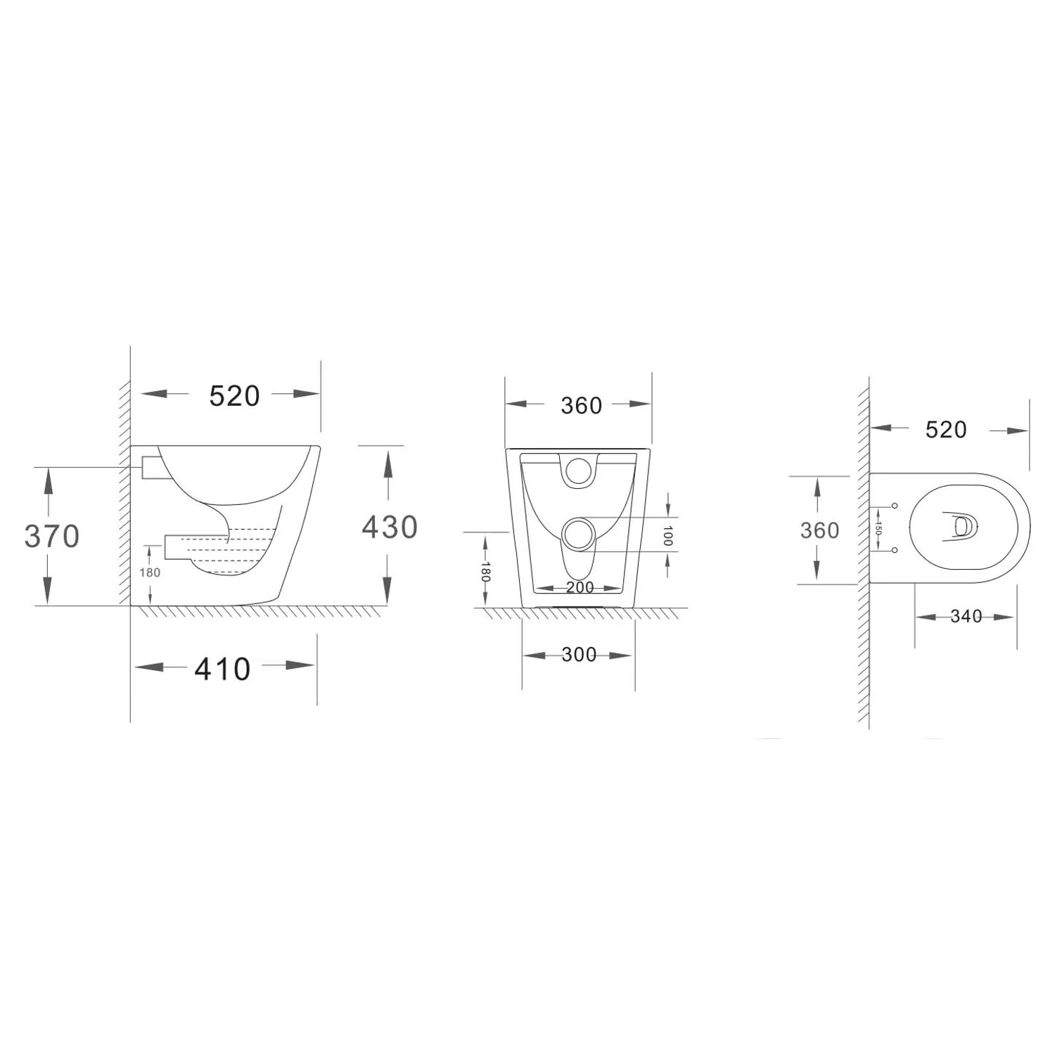 Disegno tecnico WC a terra t.b.t. con misure per l'installazione.