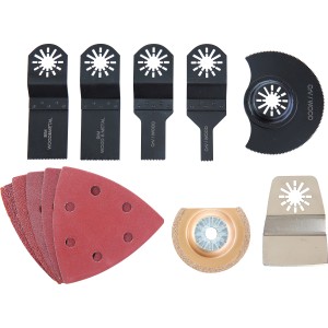 Set multiutensile LUX, 13 pezzi: lame per sega, carta vetrata e raschietto per utensili multifunzione.