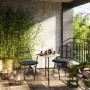 Set balcone Takone 3 pezzi nero con tavolo effetto marmo per balcone e terrazza.