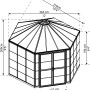 Disegno tecnico: serra Palram Canopia Oasis 3.6x3.2m, forma esagonale con dimensioni.