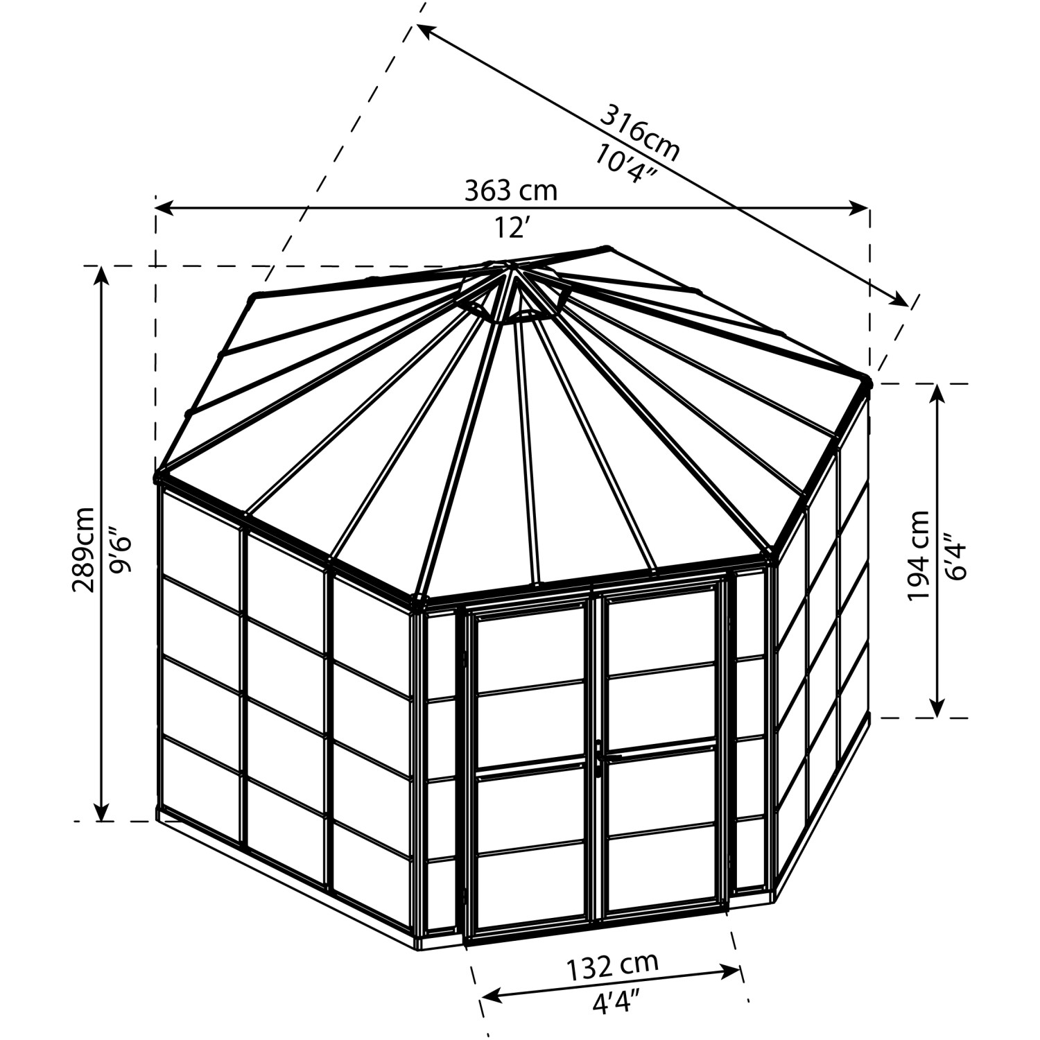 Disegno tecnico: serra Palram Canopia Oasis 3.6x3.2m, forma esagonale con dimensioni.
