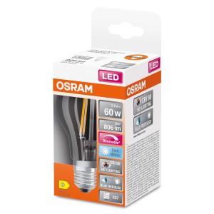 Lampadina LED E27 OSRAM, dimmerabile, 60W, nella confezione originale.