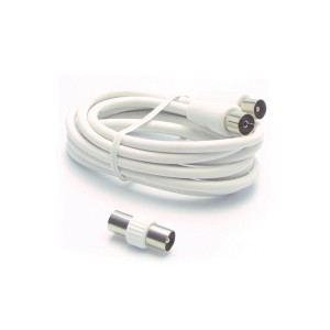Cavo antenna bianco con connettore coassiale e adattatore per accessori video.