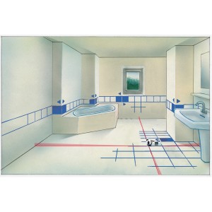Laser per piastrelle in uso: Allineamento preciso delle piastrelle in bagno con linee laser.
