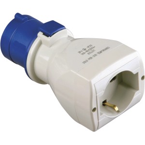 Adattatore CEE, blu/bianco, per collegare spine CEE a prese Schuko.