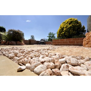 Ciottoli decorativi in giardino, ideali per bordure e paesaggistica.