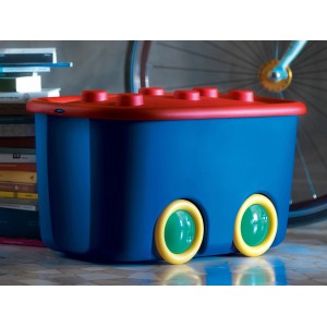 Funny Box blu 60L con coperchio rosso e ruote giallo-verdi.