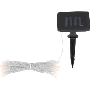 Catena luminosa solare con 50 LED e pannello solare con picchetto, ideale per giardino e balcone.