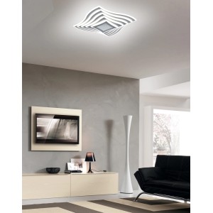 Plafoniera LED t.b.t. moderna con design curvo per montaggio a soffitto.