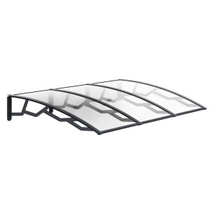 Tettoia moderna per porta d'ingresso con policarbonato trasparente e telaio scuro.