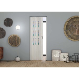 Porta a soffietto bianca con elementi decorativi, ideale per piccoli spazi.