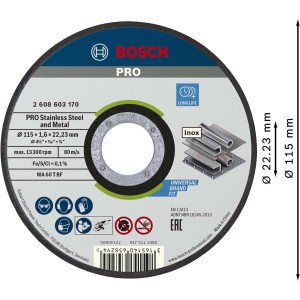 Disco da taglio Bosch Pro 115mm per acciaio inox e metallo. Accessorio per smerigliatrice angolare.