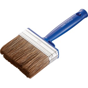 Pennello piatto per impregnante LUX, larghezza 100 mm, con manico in plastica blu e setole sintetiche.