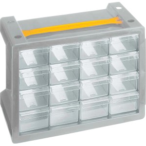 Cassettiera portaminuteria grigia con 16 cassetti trasparenti.