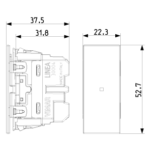 Disegno tecnico di una placca/copertura t.b.t. con dimensioni per interruttori e prese.