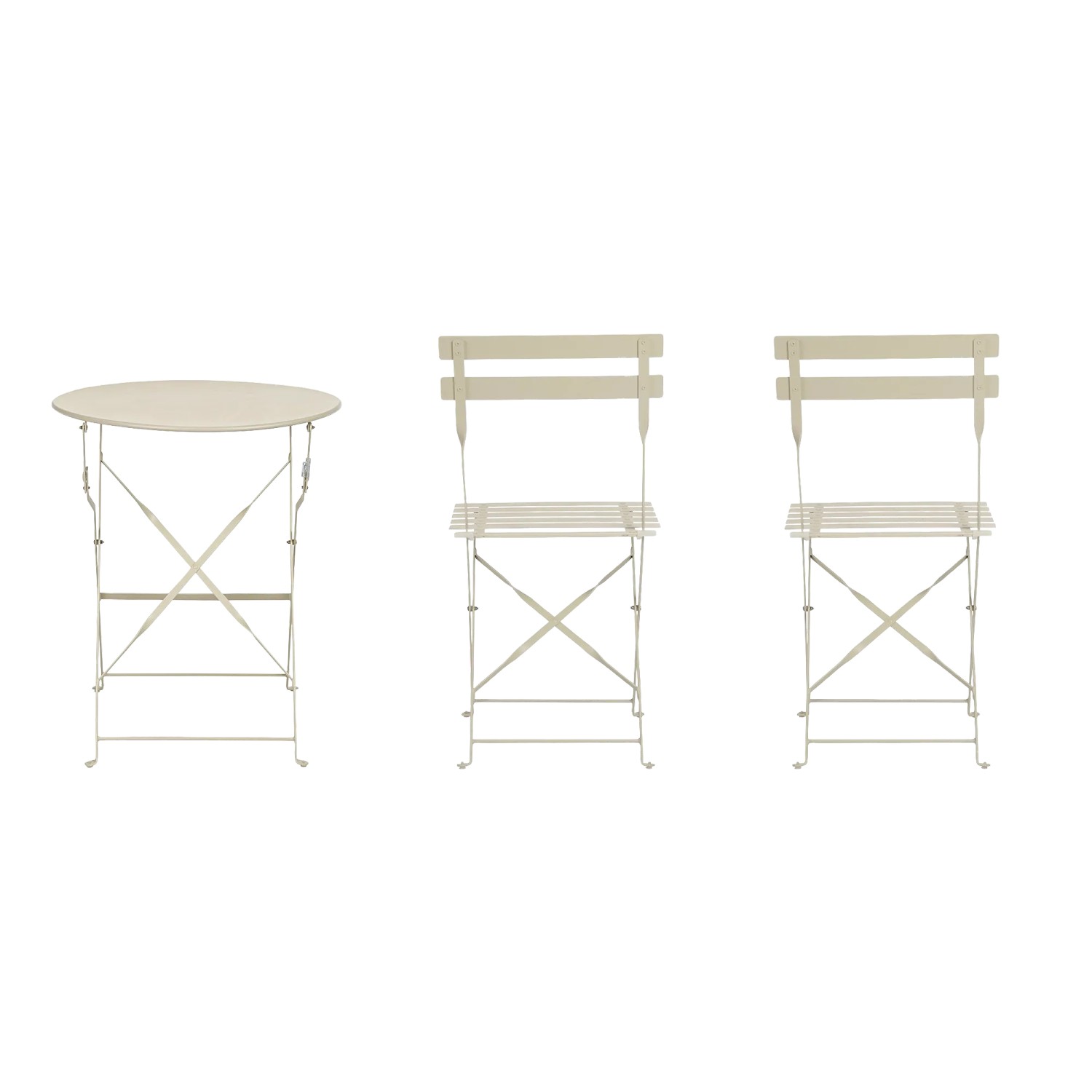 Set bistro AUSTIN beige: Tavolino pieghevole e due sedie in acciaio per terrazza e balcone.