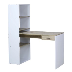 Scrivania moderna con scaffale in bianco e effetto legno. Ideale per studio e ufficio.