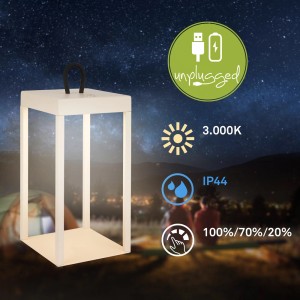 Lanterna LED beige Brilo Luca, dimmerabile, IP44 resistente agli spruzzi. Lampada da tavolo con maniglia.