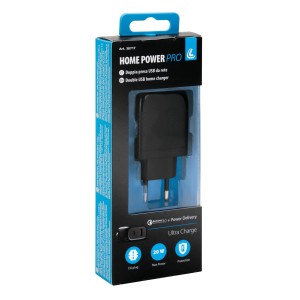 Caricatore USB nero 'Home Power Pro' nella confezione, accessorio interno auto.