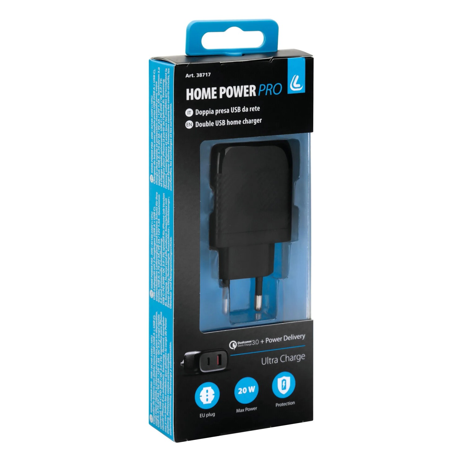 Caricatore USB nero 'Home Power Pro' nella confezione, accessorio interno auto.