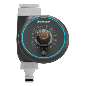 Timer per irrigazione Gardena con manopola per impostare il tempo.