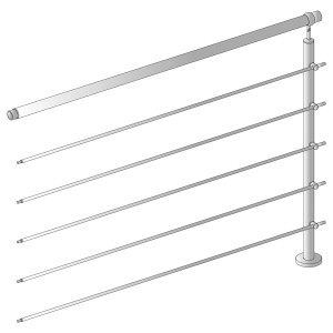 Ringhiera argentata con cavi e pali in acciaio inox per scale e balconi.