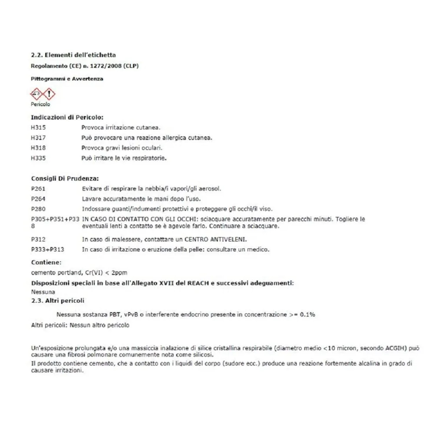 Avvertenze di sicurezza e di pericolo per prodotti cementizi (Regolamento CLP)